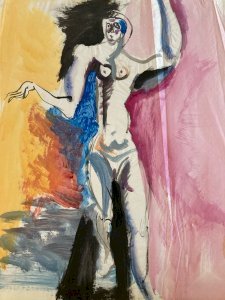 Dessin XXe Femme Nue Gouache Peinture Corps 1970 Sur Papier Nu Ancien Art