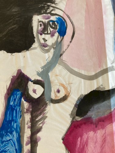 Dessin XXe Femme Nue Gouache Peinture Corps 1970 Sur Papier Nu Ancien Art