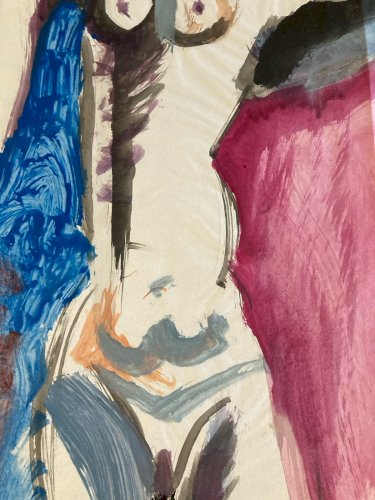 Dessin XXe Femme Nue Gouache Peinture Corps 1970 Sur Papier Nu Ancien Art