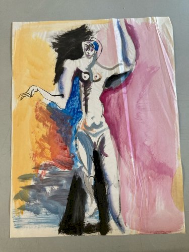 Dessin XXe Femme Nue Gouache Peinture Corps 1970 Sur Papier Nu Ancien Art