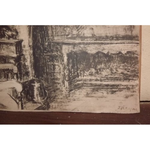 Dessins aux crayons 19 ème «intérieur Maison»