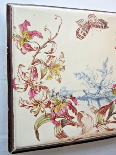 Dessous de plat carré polychrome, Lunéville, Art Nouveau: Orchidées, Papillons
