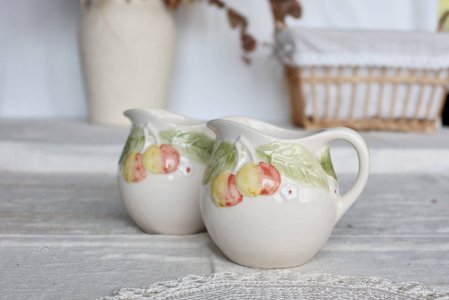 Two small vintage barbotine pitchers – Cherry pattern