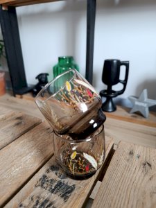 Two vintage smoked glasses decorated with wheat.