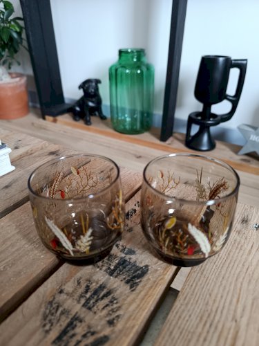 Deux verres vintage fumés décor blés 