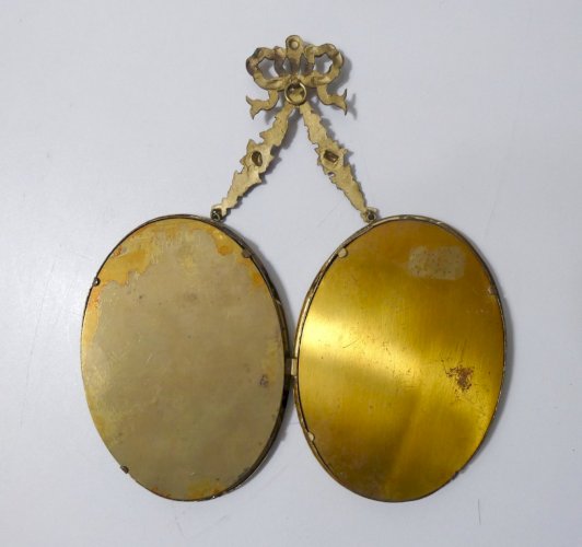 Diptyque ancien cadre photo à double médaillons bronze Louis XVI ruban noeud