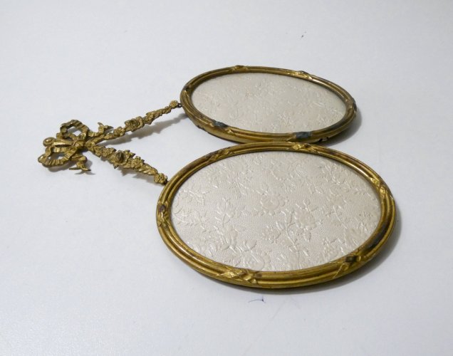 Diptyque ancien cadre photo à double médaillons bronze Louis XVI ruban noeud