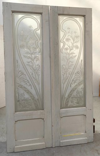 Double porte de séparation en bois et verre gravé XX siècle
