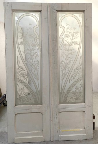 Double porte de séparation en bois et verre gravé XX siècle
