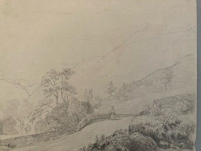 Drawing 1850 XIX Century Pencil Woman Path Old Classic Art Original