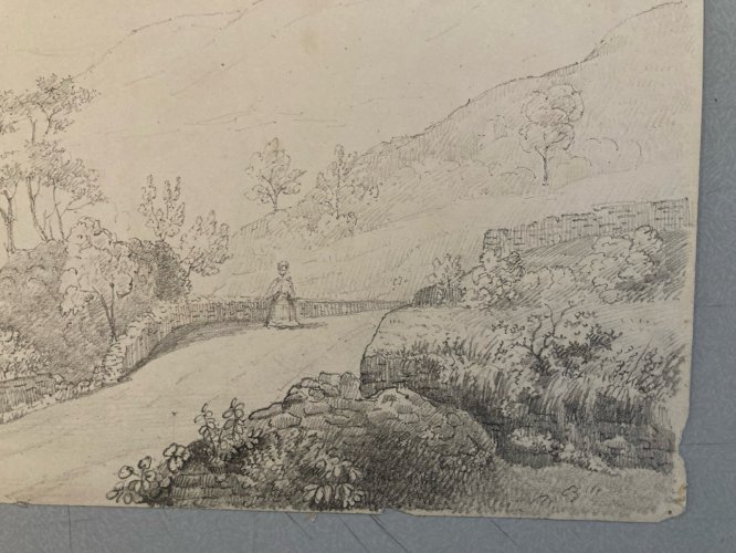 Drawing Dessin 1850 XIXe Crayon Femme Chemin Ancien Old Art Classique Original