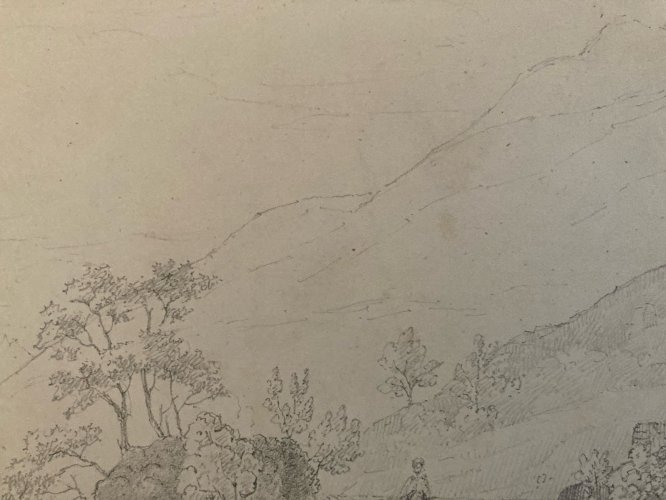 Drawing Dessin 1850 XIXe Crayon Femme Chemin Ancien Old Art Classique Original