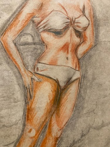 Drawing Dessin Ancien Crayon Couleur Femme  1957 Old Original Maillot De Bain