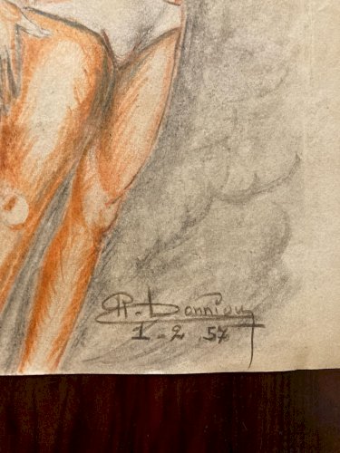 Drawing Dessin Ancien Crayon Couleur Femme  1957 Old Original Maillot De Bain