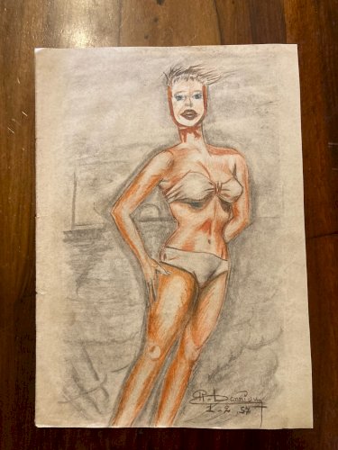 Drawing Dessin Ancien Crayon Couleur Femme  1957 Old Original Maillot De Bain