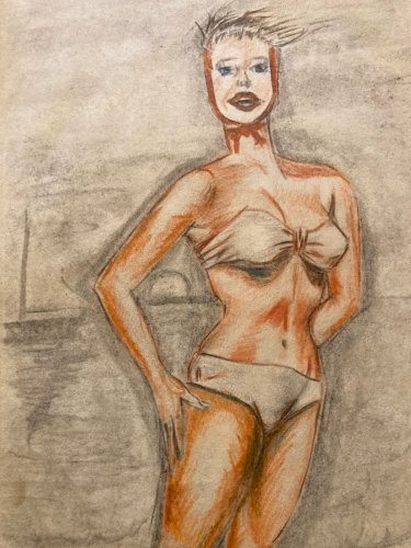 Drawing Dessin Ancien Crayon Couleur Femme  1957 Old Original Maillot De Bain