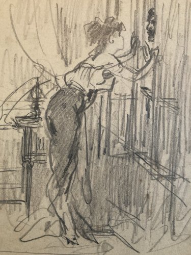 Drawing Dessin  Crayon portrait art Gavarni Ancien Original Élégante Femme Old