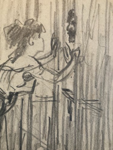 Drawing Dessin  Crayon portrait art Gavarni Ancien Original Élégante Femme Old