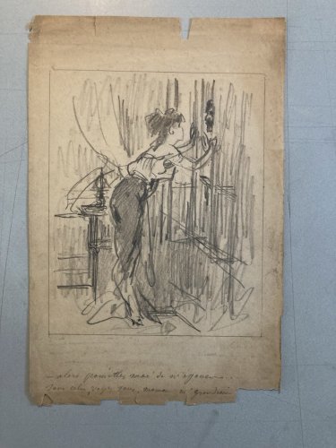 Drawing Dessin  Crayon portrait art Gavarni Ancien Original Élégante Femme Old