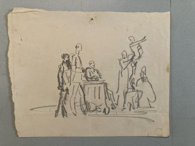 Drawing Dessin  Crayon portrait art Gavarni Ancien Original Sculpteur Artiste