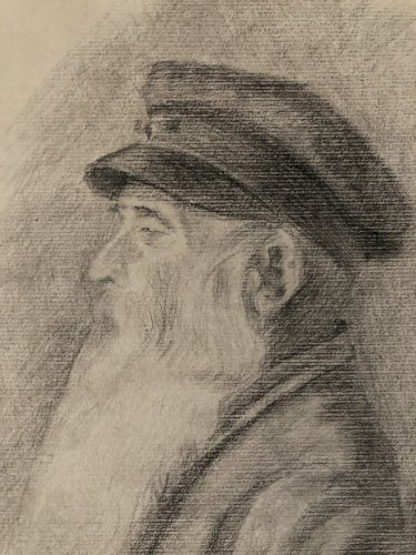 Drawing Dessin Crayon Portrait Buste Homme Barbe Marin Ancien Art 1850 XIXe Old