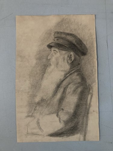 Drawing Dessin Crayon Portrait Buste Homme Barbe Marin Ancien Art 1850 XIXe Old