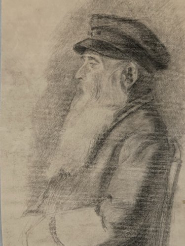 Drawing Dessin Crayon Portrait Buste Homme Barbe Marin Ancien Art 1850 XIXe Old