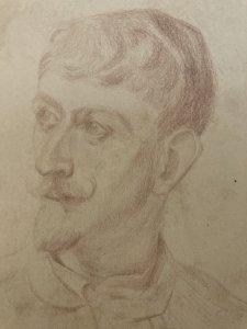 Drawing Dessin Crayon Portrait Buste Homme Moustache Ancien Art 1850 XIXe Old