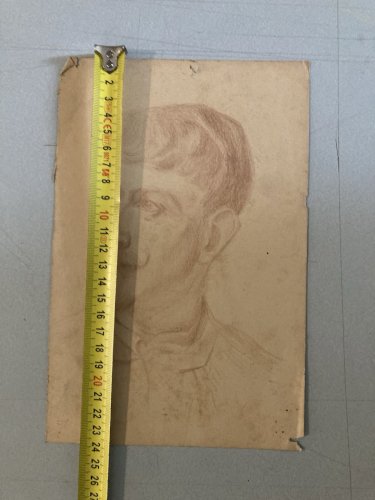 Drawing Dessin Crayon Portrait Buste Homme Moustache Ancien Art 1850 XIXe Old