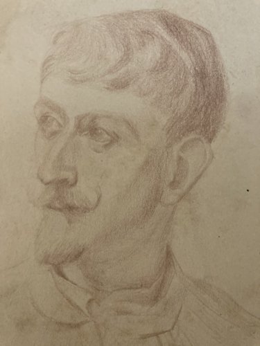 Drawing Dessin Crayon Portrait Buste Homme Moustache Ancien Art 1850 XIXe Old