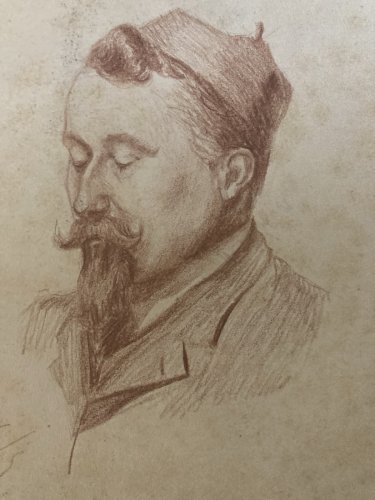 Drawing Dessin Crayon Portrait Chapeau Homme Moustache Ancien Art 1850 XIXe Old