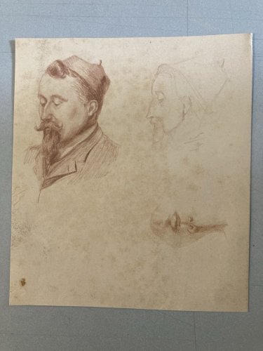 Drawing Dessin Crayon Portrait Chapeau Homme Moustache Ancien Art 1850 XIXe Old