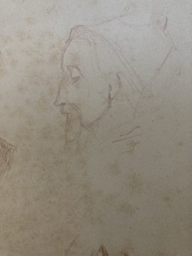 Drawing Dessin Crayon Portrait Chapeau Homme Moustache Ancien Art 1850 XIXe Old