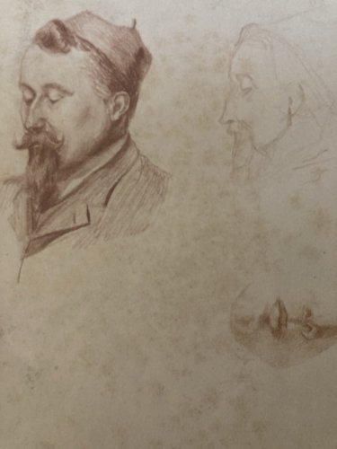 Drawing Dessin Crayon Portrait Chapeau Homme Moustache Ancien Art 1850 XIXe Old
