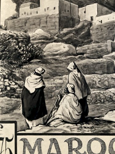 Drawing Dessin Encre 1920 Étude Timbre Maroc orientalisme Achille OUVRÉ Original
