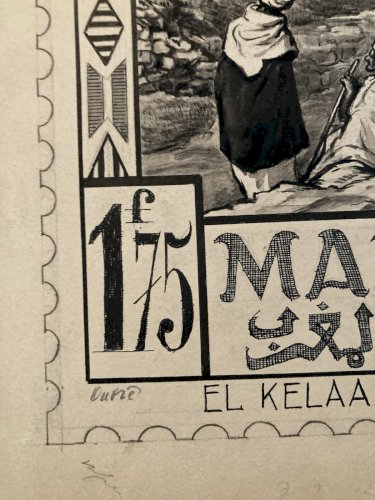 Drawing Dessin Encre 1920 Étude Timbre Maroc orientalisme Achille OUVRÉ Original