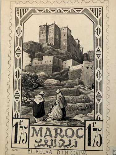 Drawing Dessin Encre 1920 Étude Timbre Maroc orientalisme Achille OUVRÉ Original