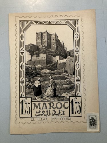 Drawing Dessin Encre 1920 Étude Timbre Maroc orientalisme Achille OUVRÉ Original