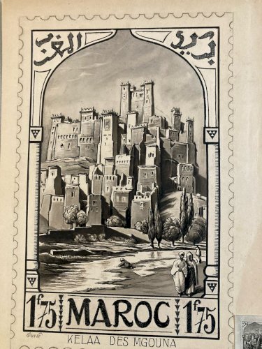 Drawing Dessin Encre 1920 Étude Timbre orientalisme Achille OUVRÉ Maroc Original