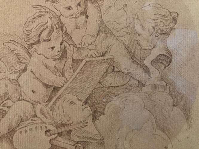 Drawing Dessin Encre Circa 1920 Ange Putti Angelot Peinture Ancien Old Classique