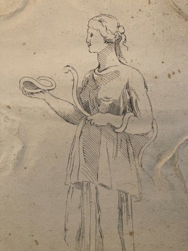 Drawing Dessin Encre XVIIIe d’ Hygie (Hygieia) Grec Grecque Santé Serpent Old