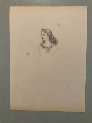 Drawing Dessin Mine De Plomb Crayon femme XIXe portrait 1850 Cheveux Ancien Old