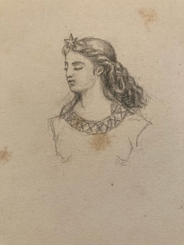 Drawing Dessin Mine De Plomb Crayon femme XIXe portrait 1850 Cheveux Ancien Old