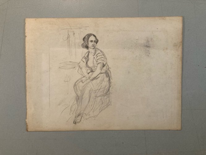 Drawing Dessin Mine De Plomb Crayon femme XIXe portrait 1880 Cheveux Ancien Old