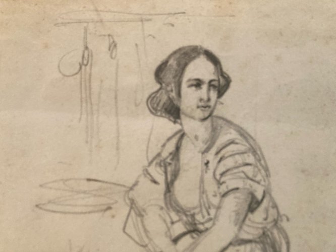 Drawing Dessin Mine De Plomb Crayon femme XIXe portrait 1880 Cheveux Ancien Old