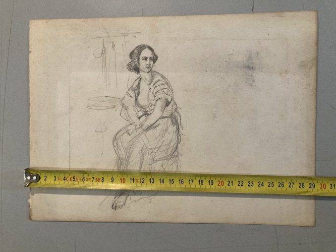 Drawing Dessin Mine De Plomb Crayon femme XIXe portrait 1880 Cheveux Ancien Old