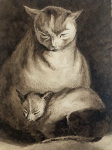 Drawing Dessin Peinture Lavis Encre Sur Papier XIXe 1850 Chat Animal Animaux Old