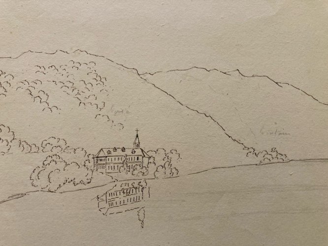 Drawing Dessin XIXe 1830 Hautecombes Lac Du Bourget Mont Du Chat