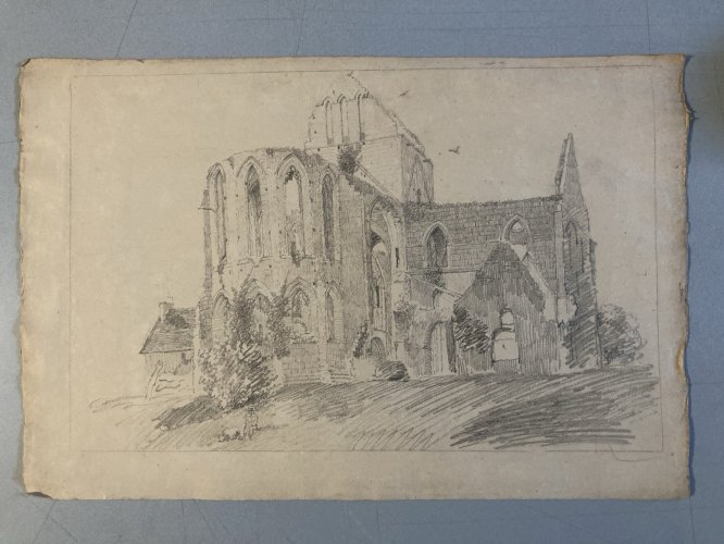 Drawing Dessin XIXe 1850  Crayon Cathédrale Art Crayon Ruine Ancien Eglise