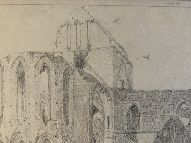 Drawing Dessin XIXe 1850  Crayon Cathédrale Art Crayon Ruine Ancien Eglise